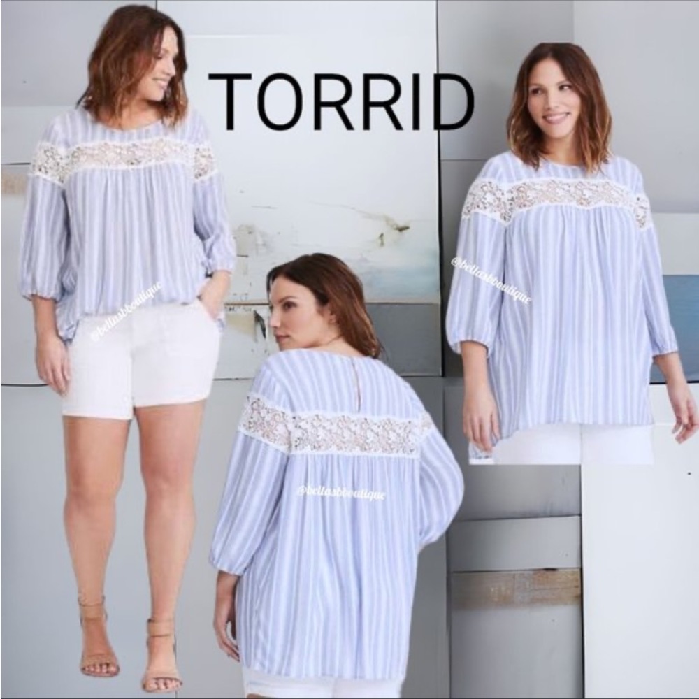 Torrid lace chambray stripe 3/4 length blouse